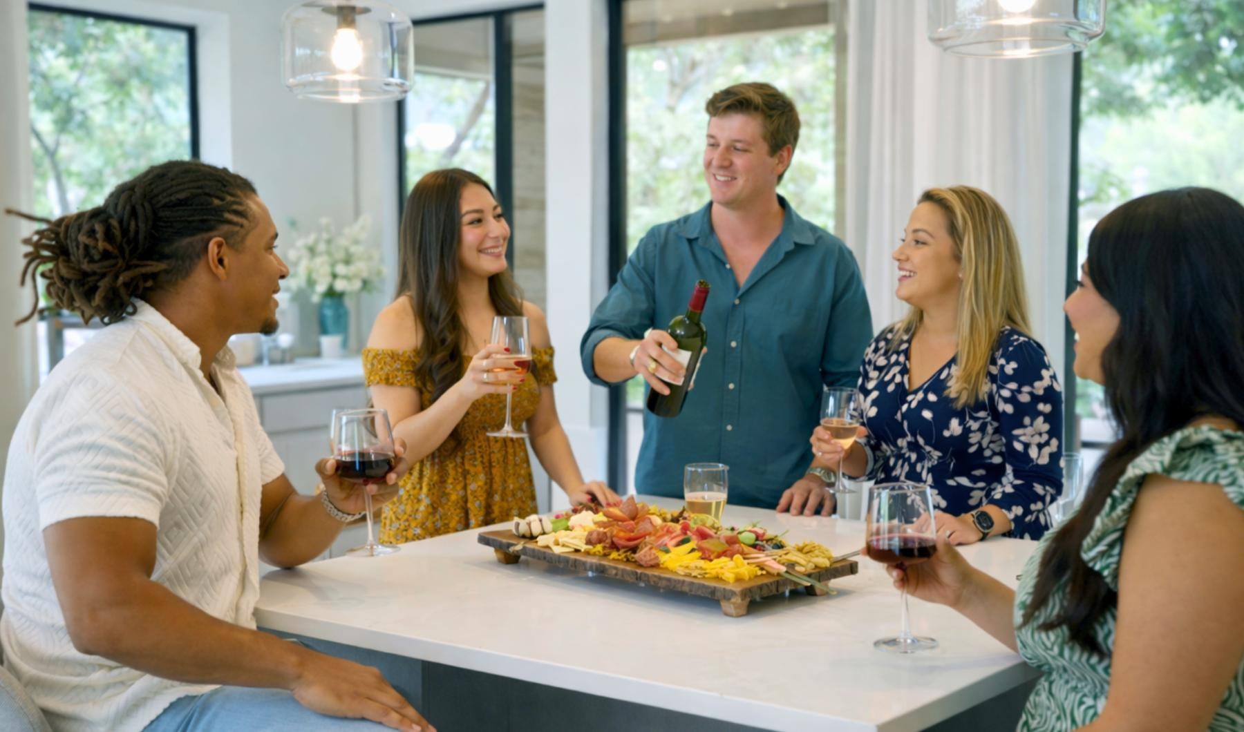 a group of people around a table with food and drinks