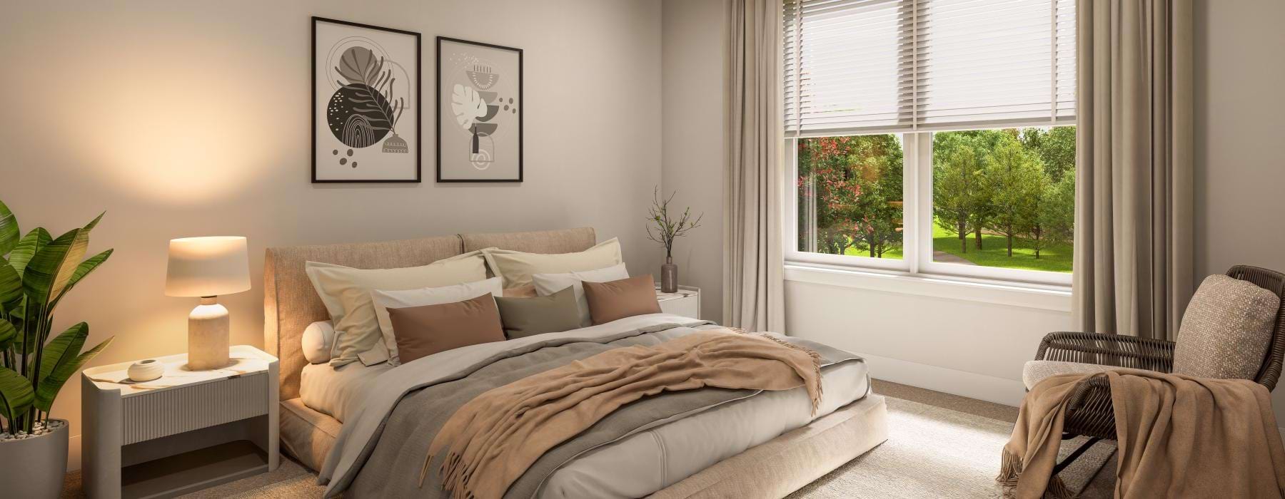 a bedroom with a large window