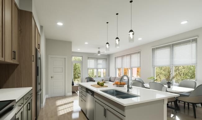 a kitchen with a large island