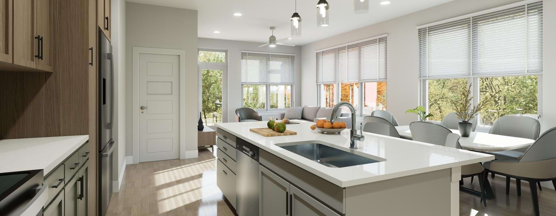 a kitchen with a large island