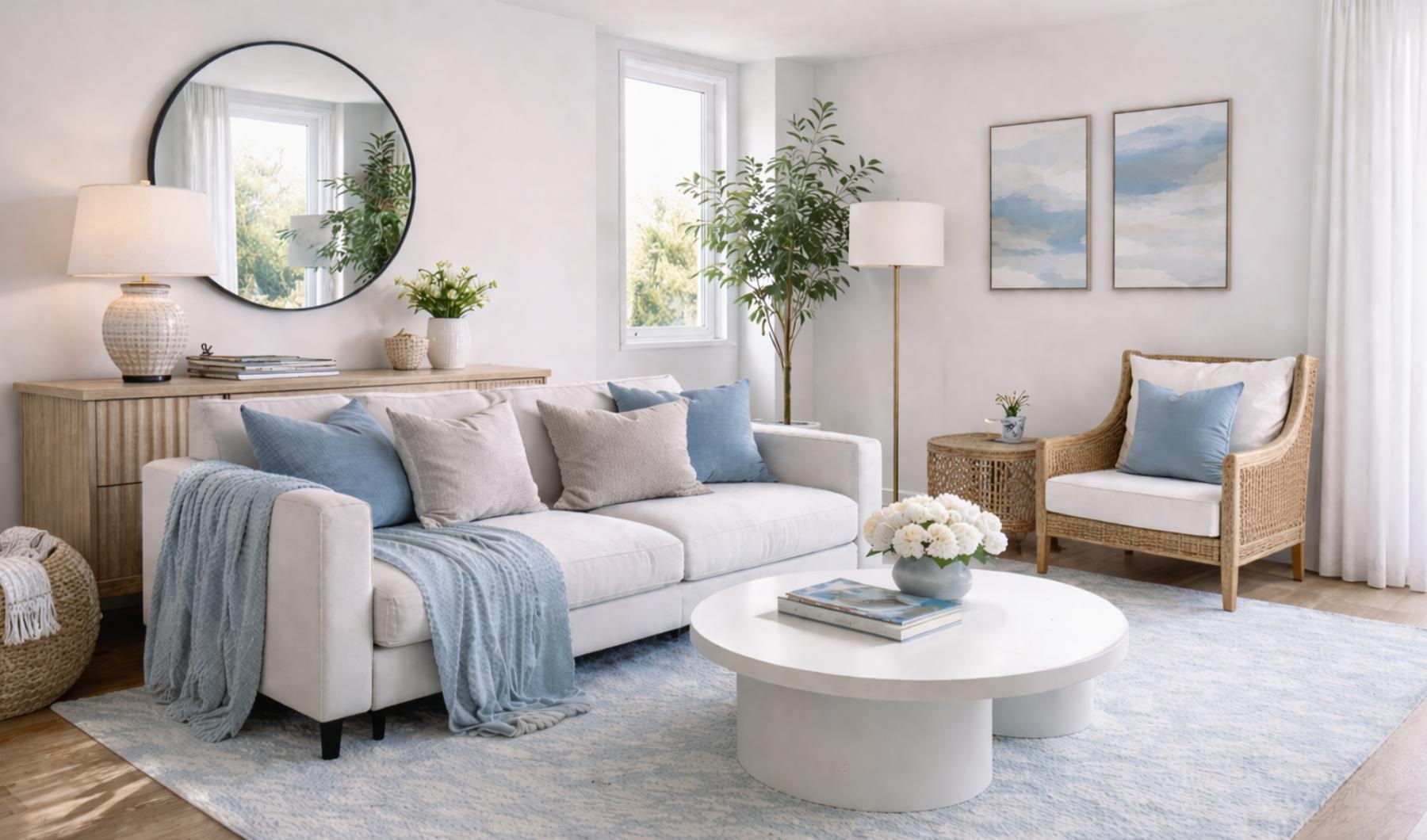 a living room with a couch plant mirror and a table