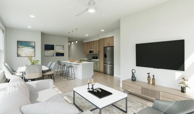 a living room with a tv and couches