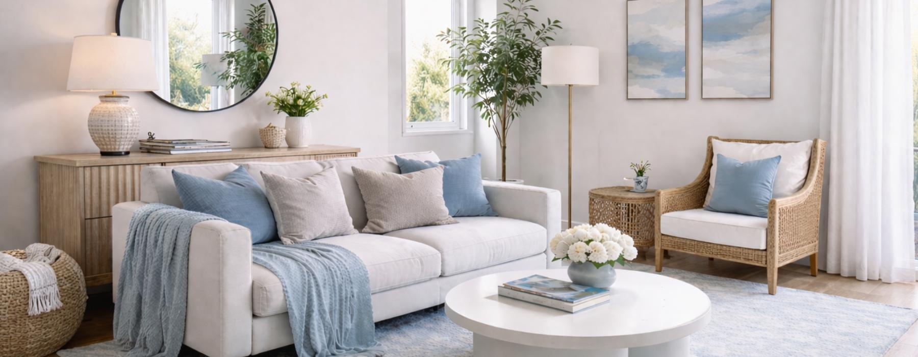 a living room with a couch plant mirror and a table
