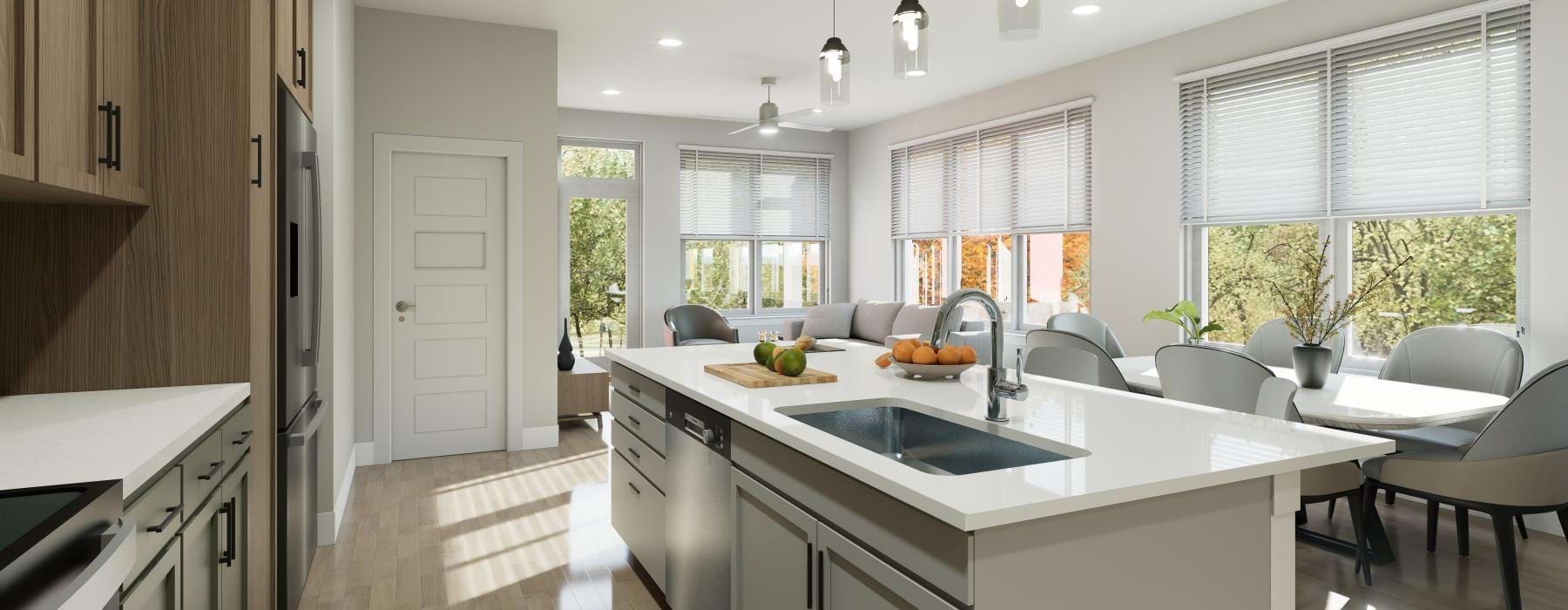 a kitchen with a large island