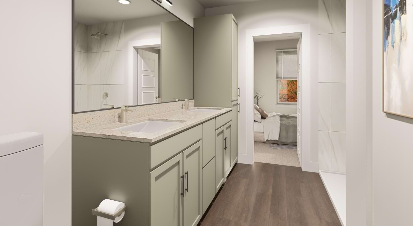 a bathroom with a large mirror