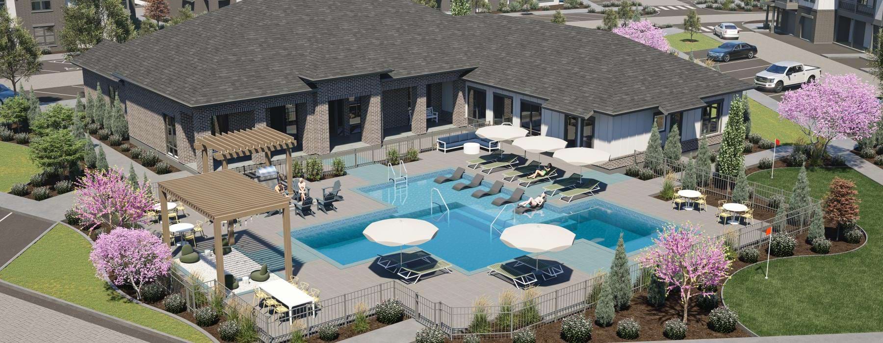 Resort-style swimming pool with lounge seating